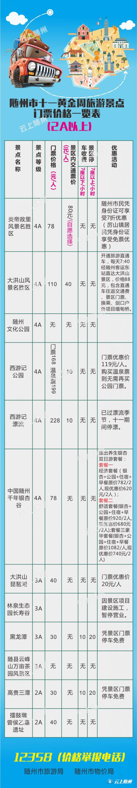 必看！随州十一黄金周旅游景点门票价格出炉~