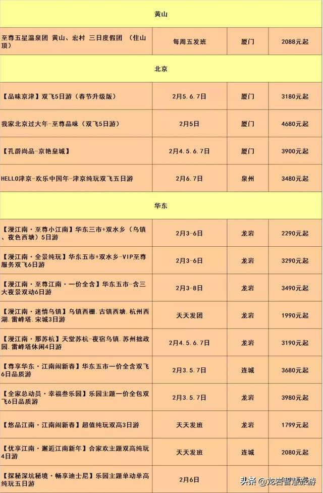 2019年1-2月省内周边游、龙岩出发国内自组、国内散拼线路大全！