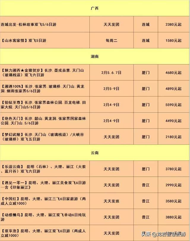 2019年1-2月省内周边游、龙岩出发国内自组、国内散拼线路大全！